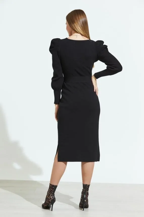 Sosandar Black Blouson Sleeve Ribbed Belted Midi Dress Black Women Knitwear