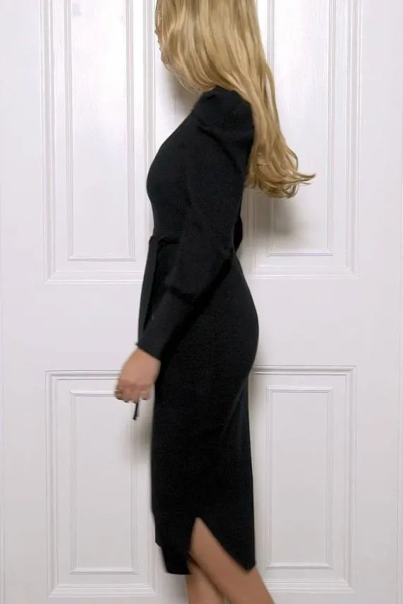 Sosandar Black Blouson Sleeve Ribbed Belted Midi Dress Black Women Knitwear