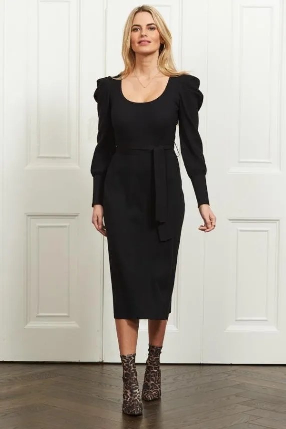 Sosandar Black Blouson Sleeve Ribbed Belted Midi Dress Black Women Knitwear