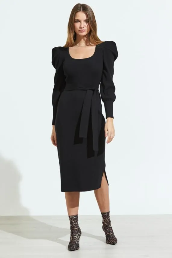 Sosandar Black Blouson Sleeve Ribbed Belted Midi Dress Black Women Knitwear