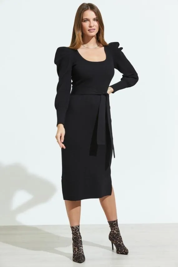 Sosandar Black Blouson Sleeve Ribbed Belted Midi Dress Black Women Knitwear