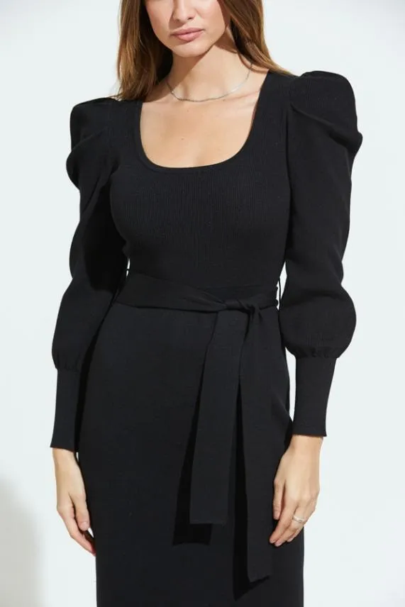 Sosandar Black Blouson Sleeve Ribbed Belted Midi Dress Black Women Knitwear