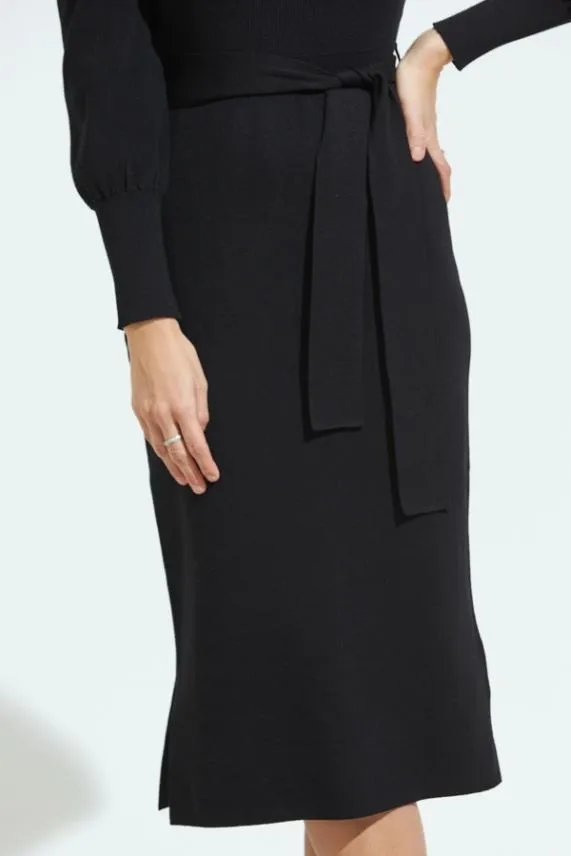 Sosandar Black Blouson Sleeve Ribbed Belted Midi Dress Black Women Knitwear