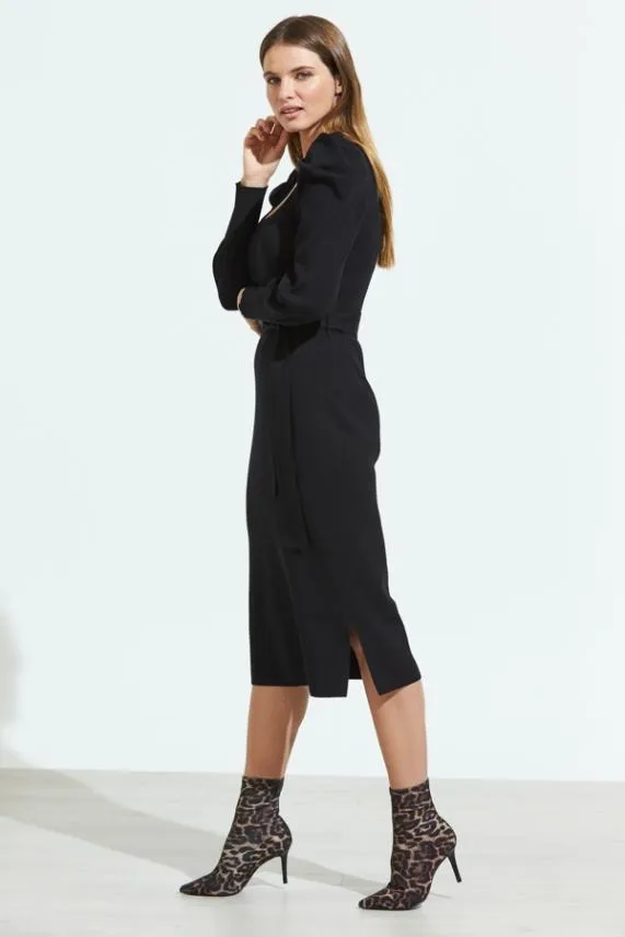 Sosandar Black Blouson Sleeve Ribbed Belted Midi Dress Black Women Knitwear