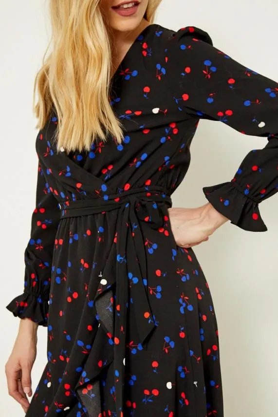 Sosandar Black Cherry Print Wrap Dress Black Women Dresses