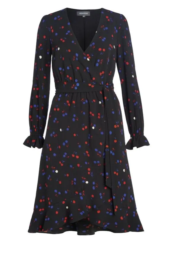 Sosandar Black Cherry Print Wrap Dress Black Women Dresses