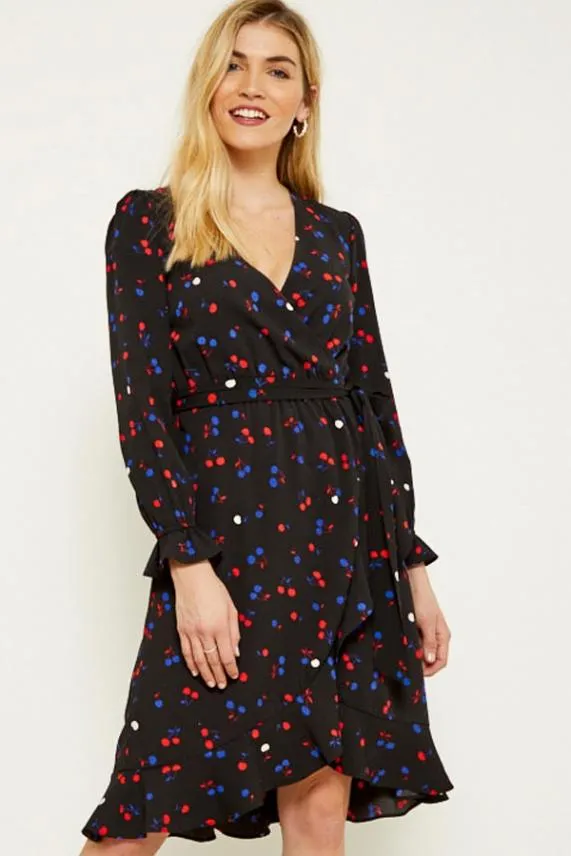 Sosandar Black Cherry Print Wrap Dress Black Women Dresses