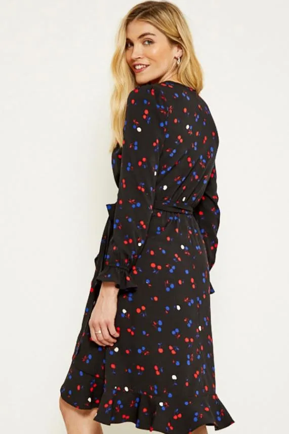 Sosandar Black Cherry Print Wrap Dress Black Women Dresses