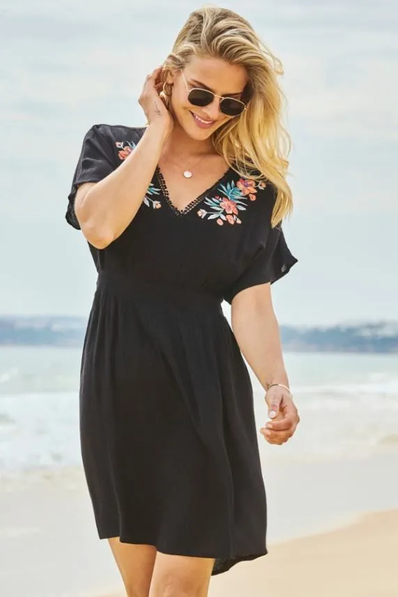 Sosandar Black Embroidered Detail Tie Back Kaftan Black Women Swim and Beachwear