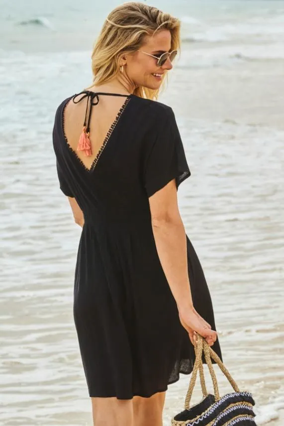 Sosandar Black Embroidered Detail Tie Back Kaftan Black Women Swim and Beachwear