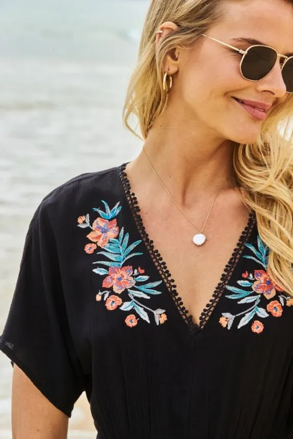 Sosandar Black Embroidered Detail Tie Back Kaftan Black Women Swim and Beachwear
