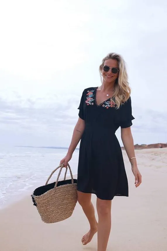 Sosandar Black Embroidered Detail Tie Back Kaftan Black Women Swim and Beachwear