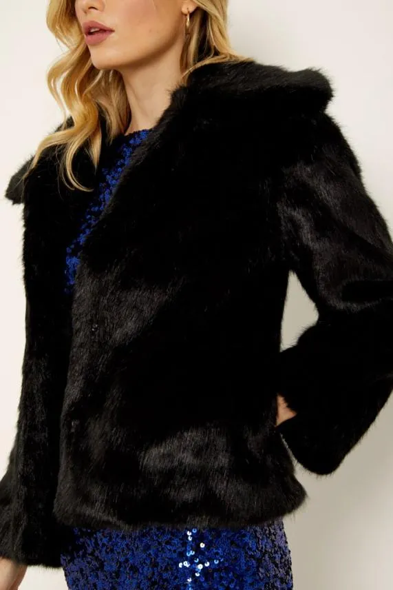 Sosandar Black Faux Fur Cropped Jacket Black Women Jackets and Coats