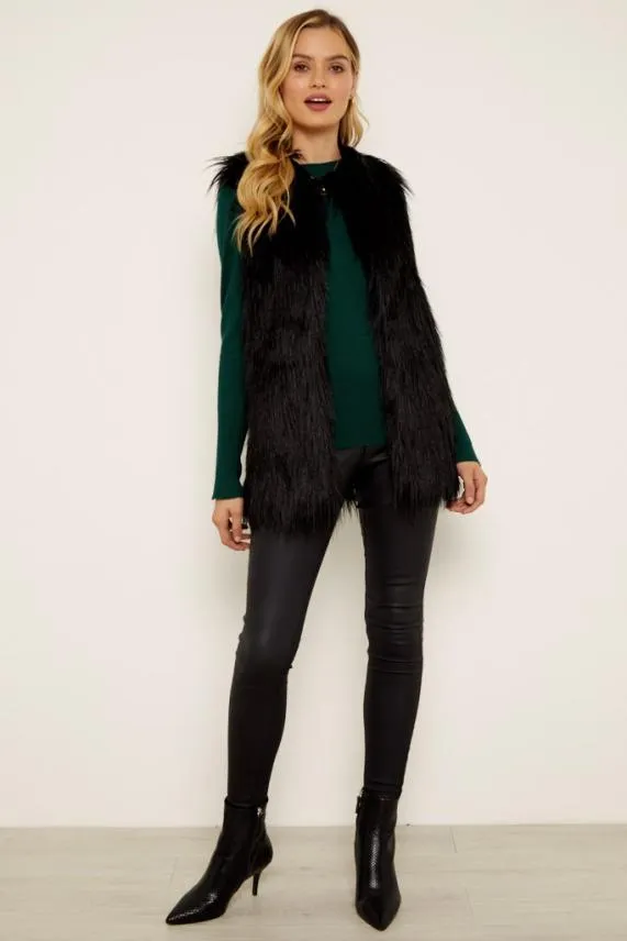 Sosandar Black Faux Fur Gilet Black Women Jackets and Coats