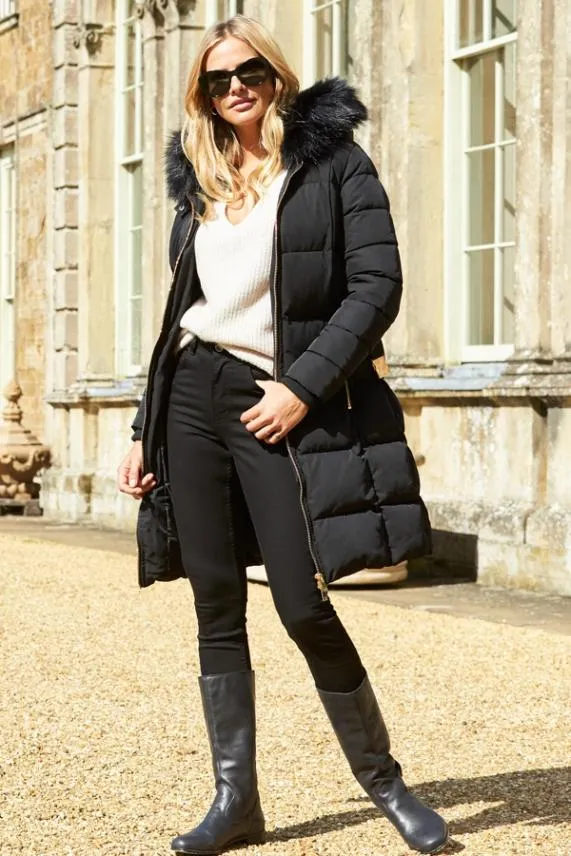 Sosandar Black Faux Fur Trim Luxe Longline Padded Coat Black Women Jackets and Coats