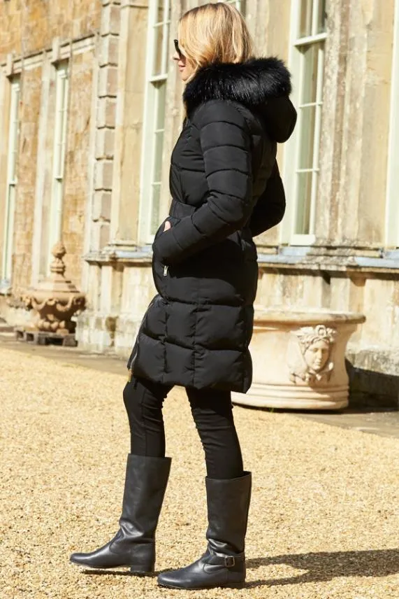 Sosandar Black Faux Fur Trim Luxe Longline Padded Coat Black Women Jackets and Coats
