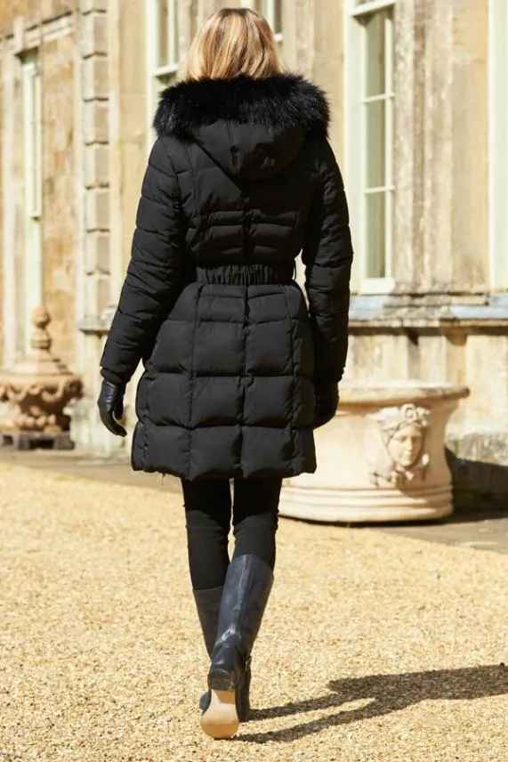 Sosandar Black Faux Fur Trim Luxe Longline Padded Coat Black Women Jackets and Coats