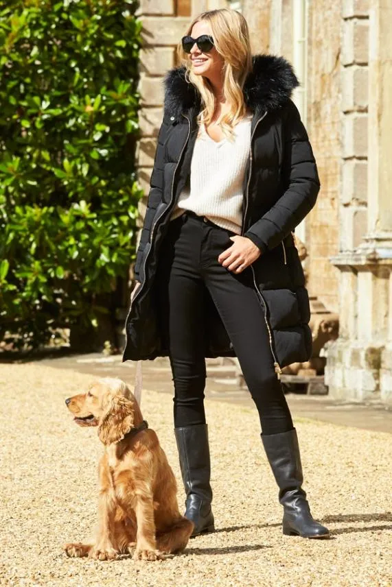 Sosandar Black Faux Fur Trim Luxe Longline Padded Coat Black Women Jackets and Coats