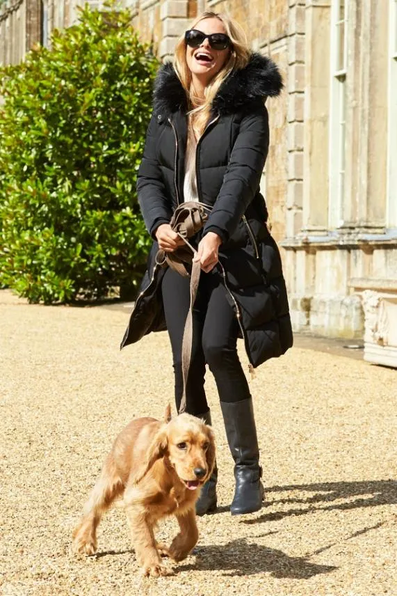 Sosandar Black Faux Fur Trim Luxe Longline Padded Coat Black Women Jackets and Coats