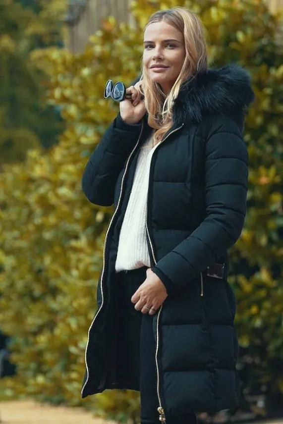 Sosandar Black Faux Fur Trim Luxe Longline Padded Coat Black Women Jackets and Coats