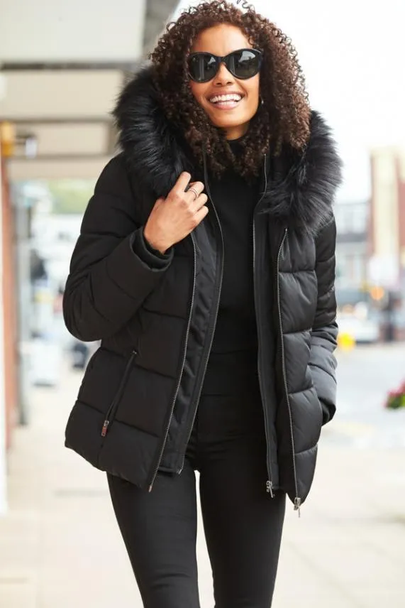 Sosandar Black Faux Fur Trim Luxe Padded Coat Black Women Jackets and Coats