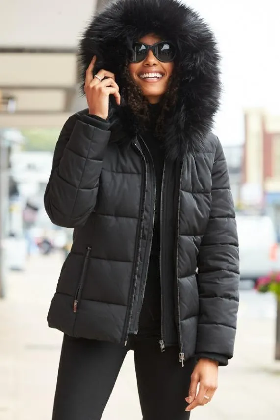 Sosandar Black Faux Fur Trim Luxe Padded Coat Black Women Jackets and Coats
