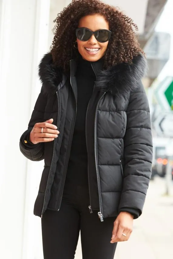 Sosandar Black Faux Fur Trim Luxe Padded Coat Black Women Jackets and Coats