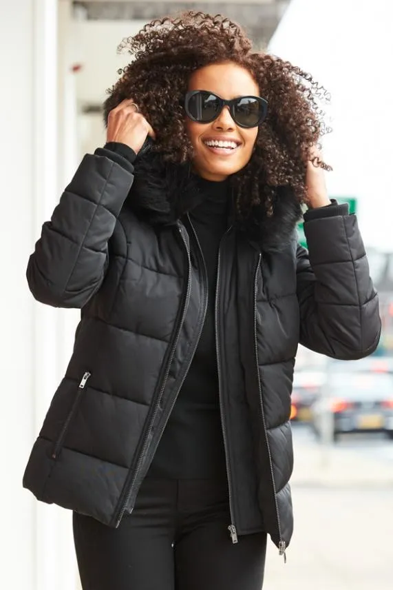 Sosandar Black Faux Fur Trim Luxe Padded Coat Black Women Jackets and Coats