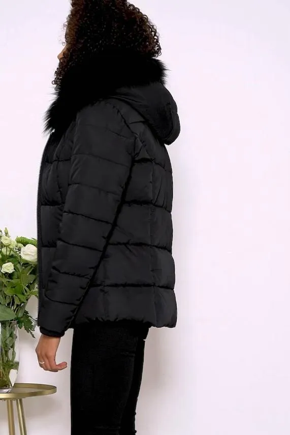 Sosandar Black Faux Fur Trim Luxe Padded Coat Black Women Jackets and Coats