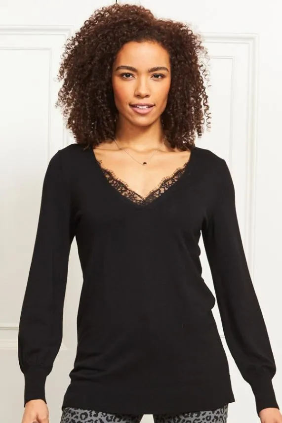 Sosandar Black Lace Detail Fine Knit Jumper Black Women Knitwear
