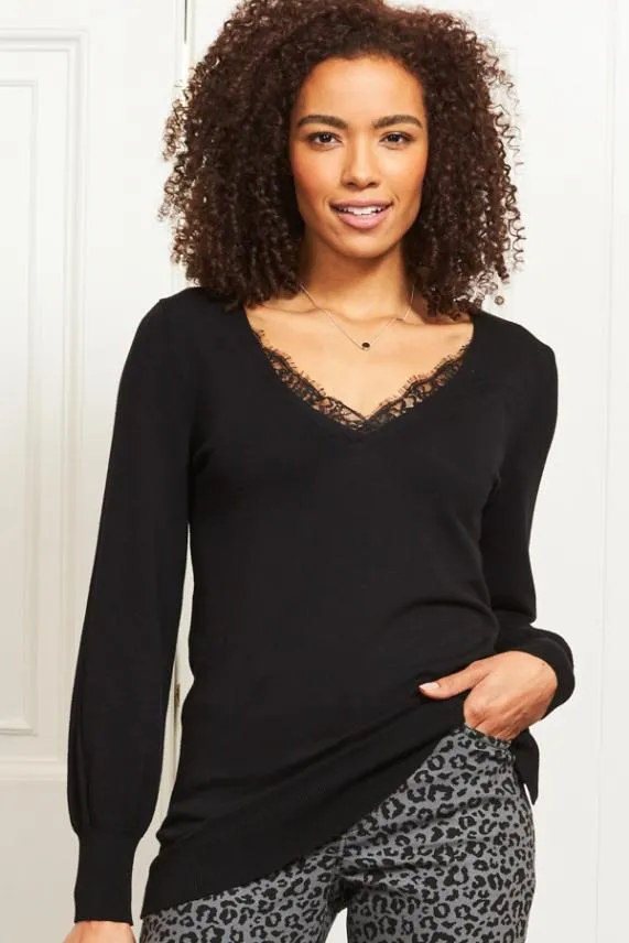 Sosandar Black Lace Detail Fine Knit Jumper Black Women Knitwear