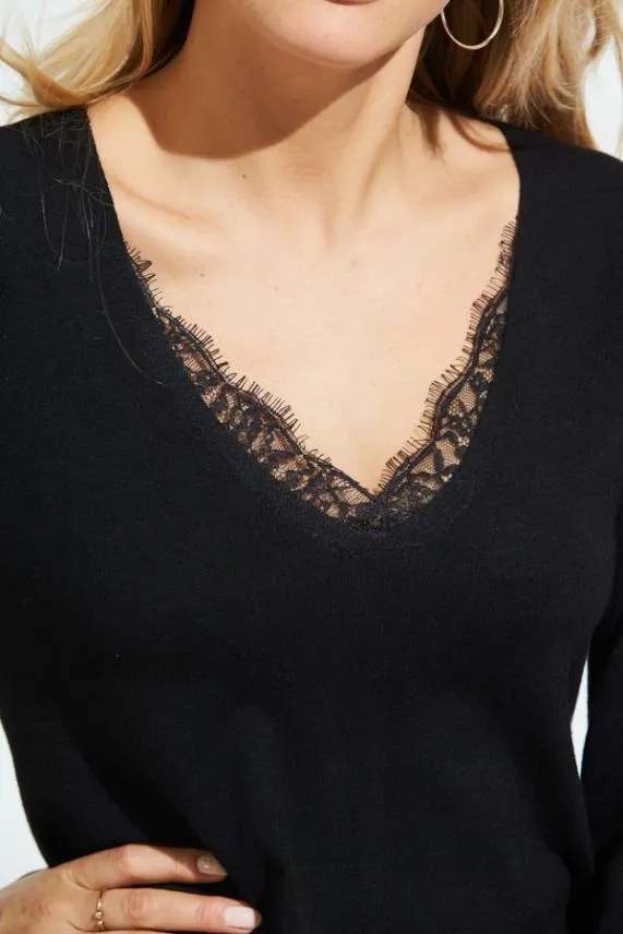 Sosandar Black Lace Detail Fine Knit Jumper Black Women Knitwear