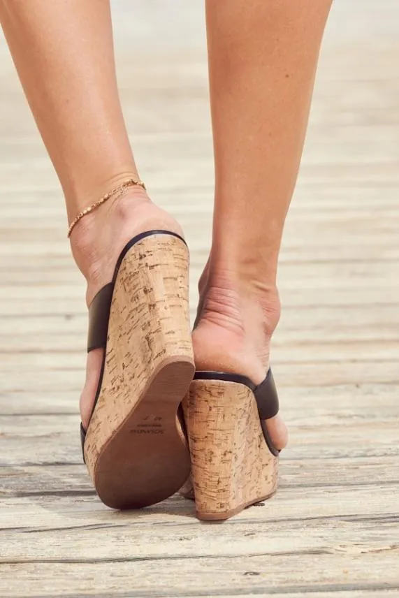 Sosandar Black Leather Cross Front Cork Wedge Mule Sandal Black Women Sandals and Flip Flops