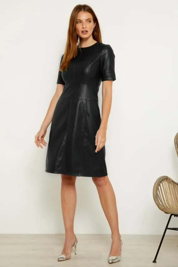 Sosandar Black Leather Look Panelled Shift Dress Black Women Dresses