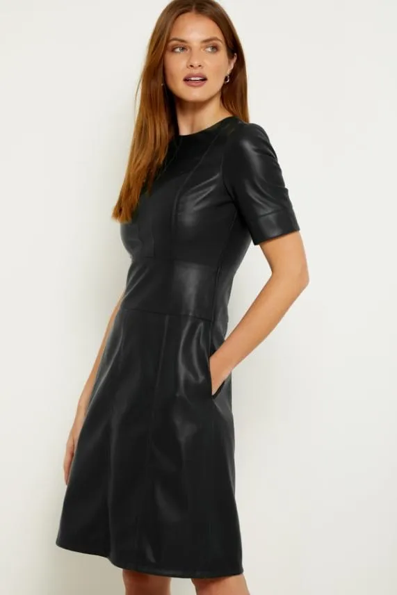 Sosandar Black Leather Look Panelled Shift Dress Black Women Dresses