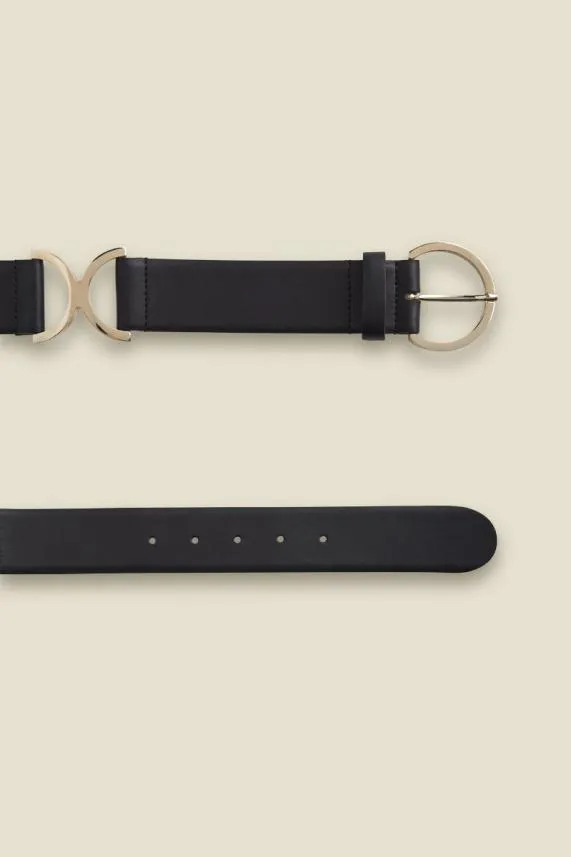 Sosandar Black Leather Waist Belt With Gold Side Trims Black Women Bags and Belts