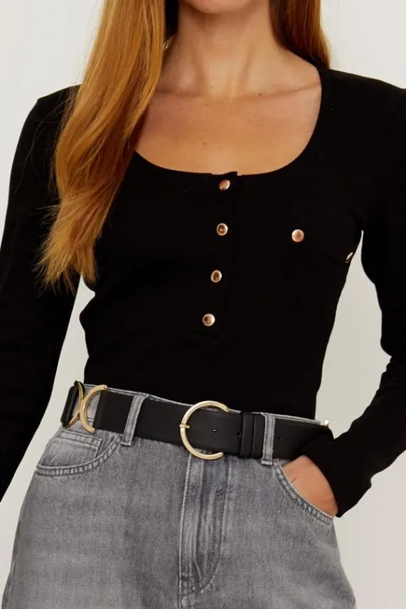 Sosandar Black Leather Waist Belt With Gold Side Trims Black Women Bags and Belts