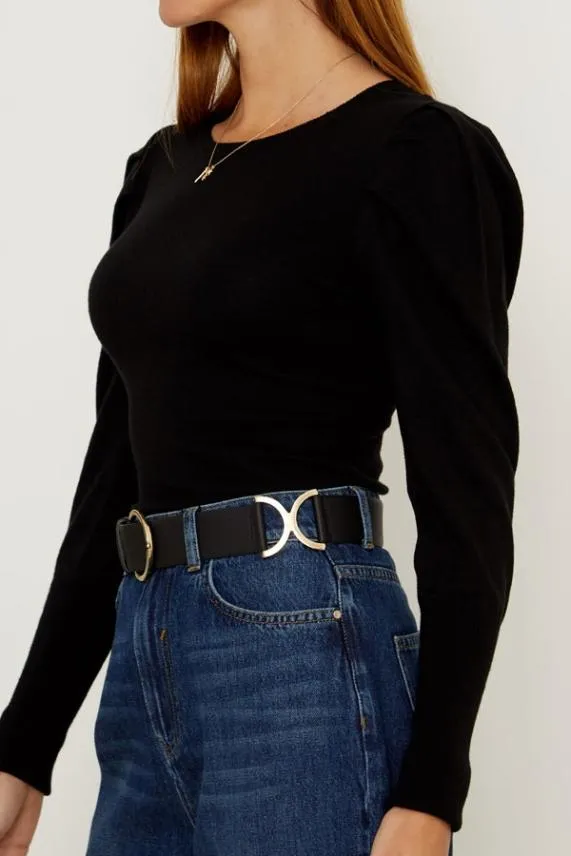 Sosandar Black Leather Waist Belt With Gold Side Trims Black Women Bags and Belts