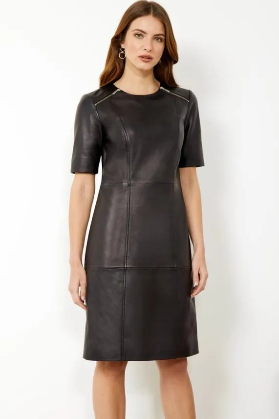 Sosandar Black Leather Zip Detail Shift Dress Black Women Dresses