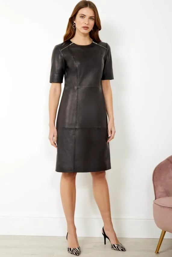 Sosandar Black Leather Zip Detail Shift Dress Black Women Dresses