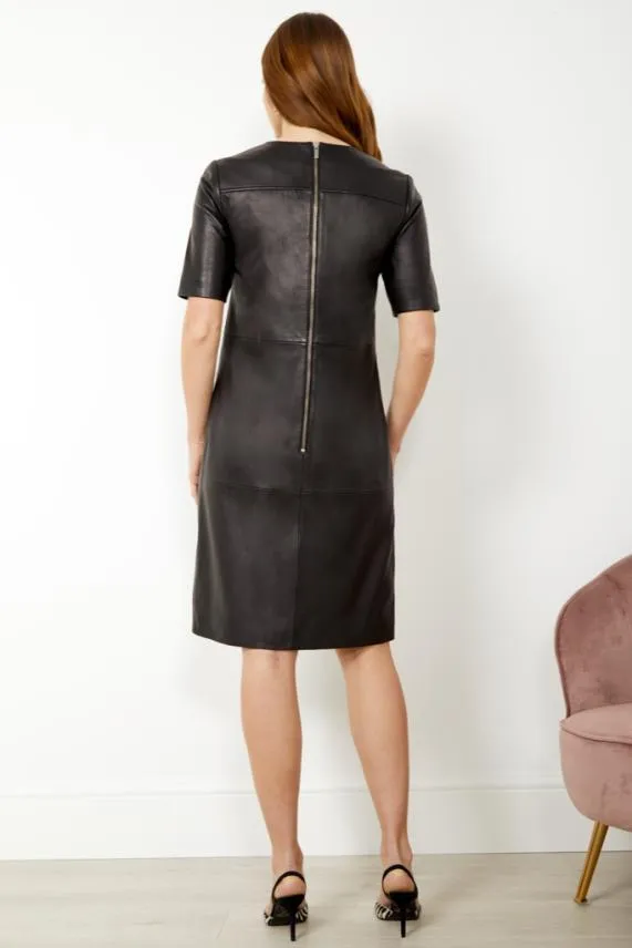 Sosandar Black Leather Zip Detail Shift Dress Black Women Dresses