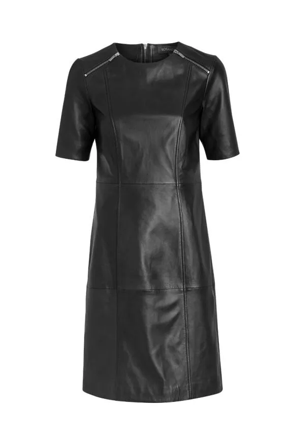 Sosandar Black Leather Zip Detail Shift Dress Black Women Dresses