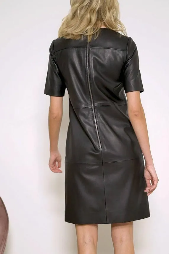 Sosandar Black Leather Zip Detail Shift Dress Black Women Dresses