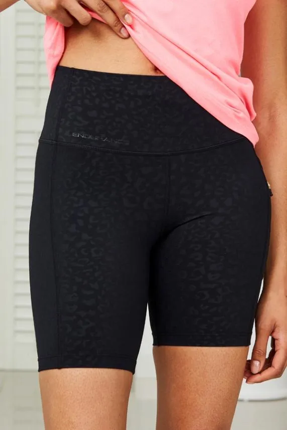 Sosandar Black Leopard Print Longline Activewear Shorts With Side Pocket Black Women Activewear