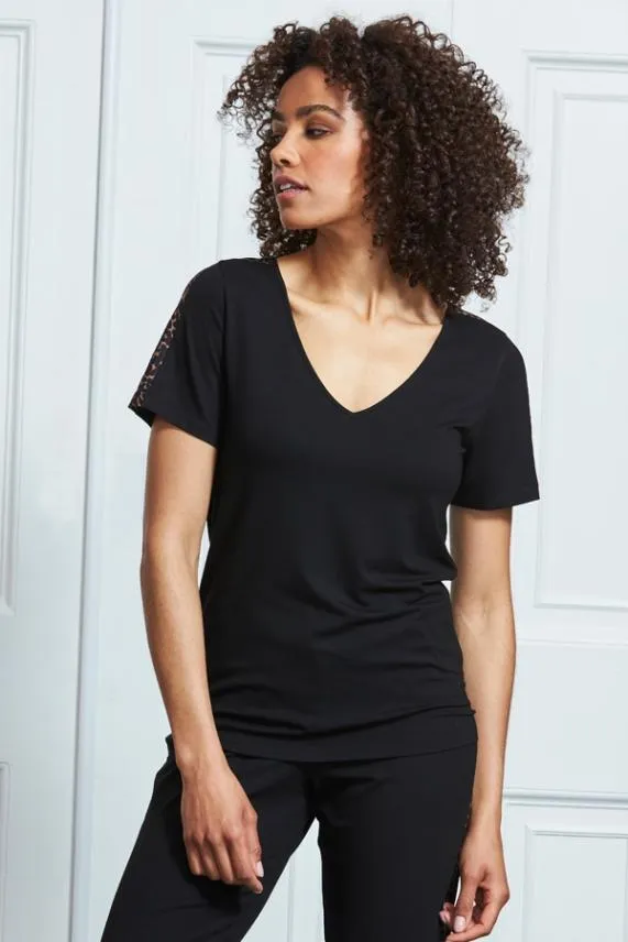 Sosandar Black Leopard Print Stripe Detail T Shirt Black Women Loungewear