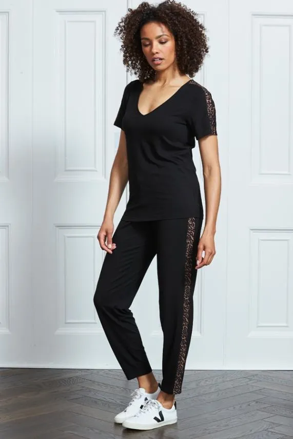 Sosandar Black Leopard Print Stripe Detail T Shirt Black Women Loungewear