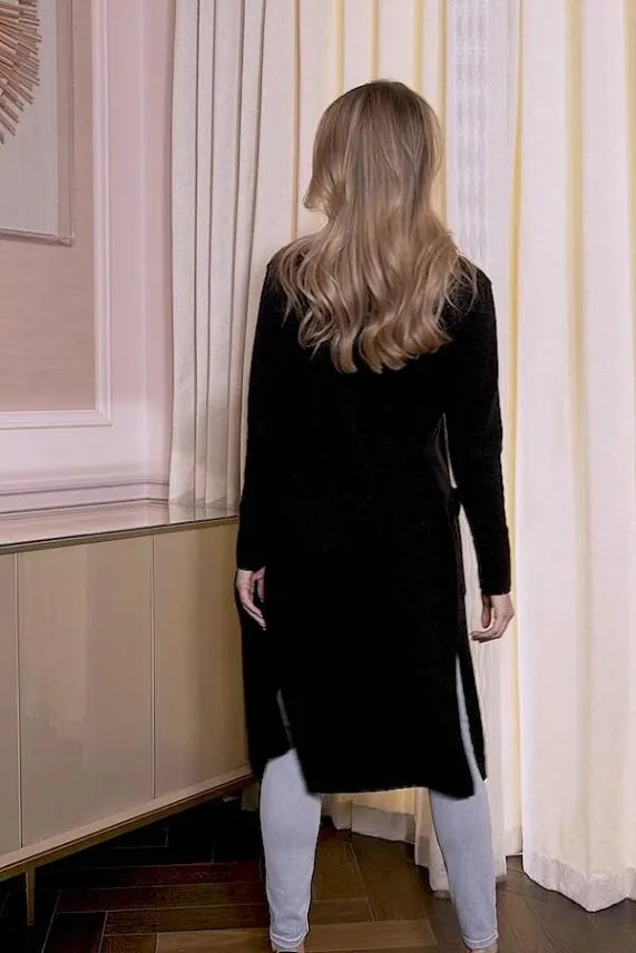 Sosandar Black Longline Belted Cardigan With Pockets Black Women Knitwear