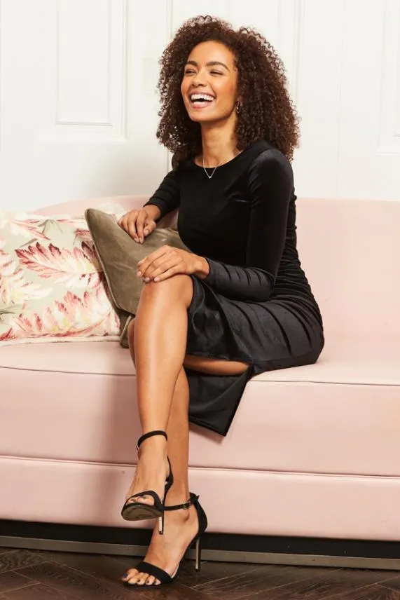 Sosandar Black Luxe Velvet Stretch Fit Midi Dress Black Women Dresses