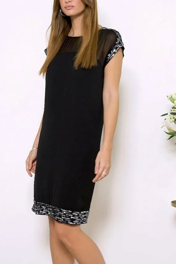 Sosandar Black Metallic Embellished Sheer Top Shift Dress Black Women Dresses