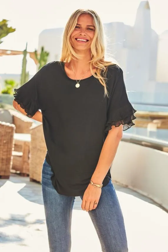 Sosandar Black Pleat Detail Sleeve Jersey Top Black Women Tops